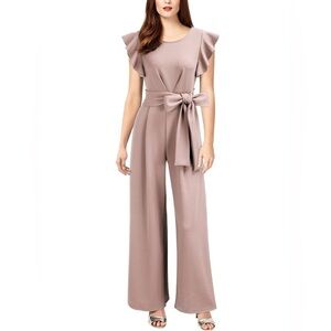 Knitee Women's Vintage Sleeveless Ruffle Formal Long Jumpsuit with Belt